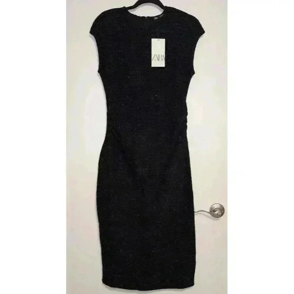 ZARA SHINY METALLIC THREAD DRESS SIZE MEDIUM BLACK GOLD NWT BODYCON SHIMMER‎